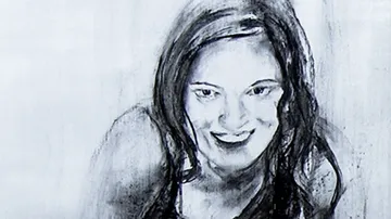 Portrait of a smiling woman in black and white drawing.