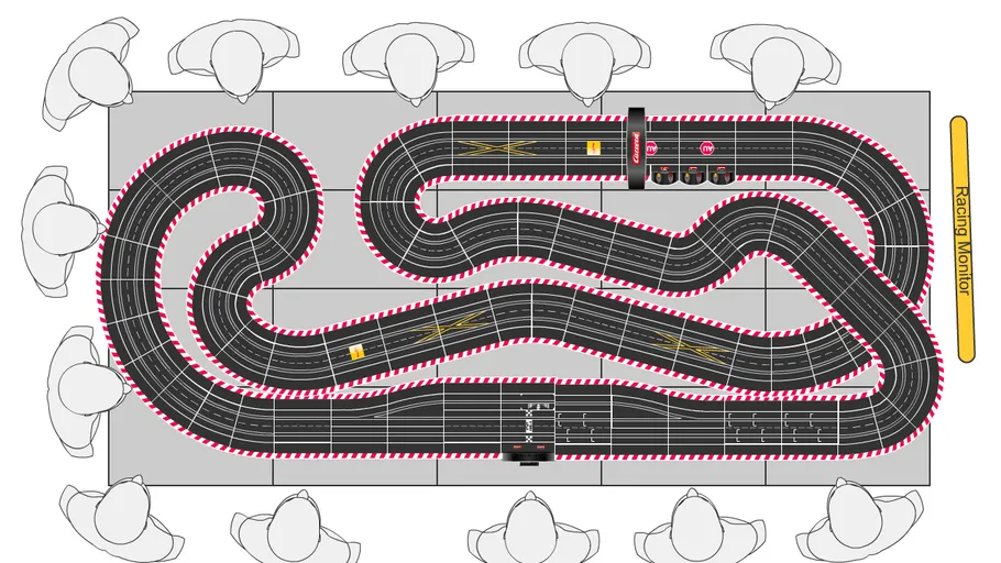 Car racing track layout surrounded by players.