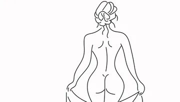 Nackte Frau zieht Kleidungsstück im minimalistischen Stil an.
