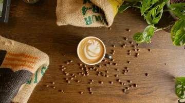Cup of coffee on wooden surface, coffee beans scattered, plants next to it.