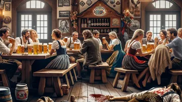 Menschen sitzen an Tischen, trinken Bier, feiern in Kneipe.