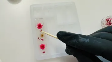 A hand with black gloves places flowers in a mold.