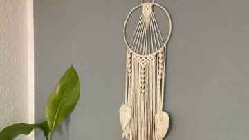 Macrame wall hanging on a grey wall with a plant
