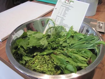 Schüssel voller frischer Kräuter mit Rezept im Hintergrund.