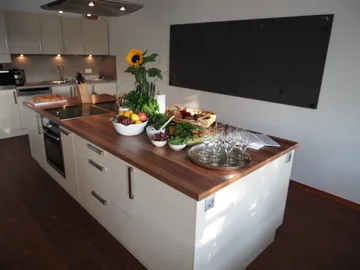 Modern cuisine with a rich buffet on the island.