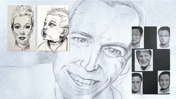 Numerous portraits of different faces that are sketched.