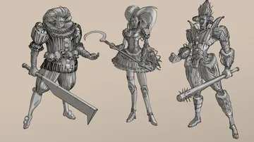 Three imaginative warriors stand in various poses with weapons.