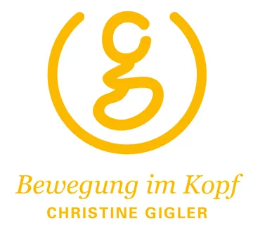 Gelbes Logo mit geschwungener Schrift und Worten „Bewegung im Kopf“.