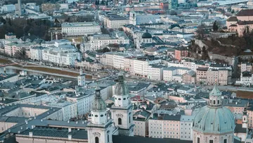 Aerial view of Salzburg with historic buildings and domes.