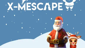 Santa Claus and reindeer stand in a snowy context.