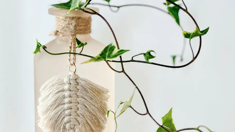 Flasche mit Dekoration, umschlungen von einem Pflanzenstamm.