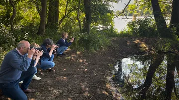Vier Personen fotografieren am Ufer eines Gewässers.