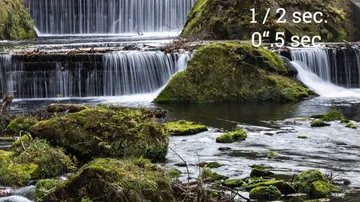 Wasserfälle fließen über moosbedeckte Felsen in einen Teich.