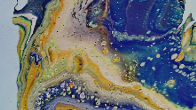 Colourful painting with fluid, abstract patterns and structures.