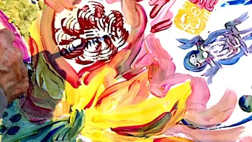 Colourful floral painting with abstract shapes and figures.