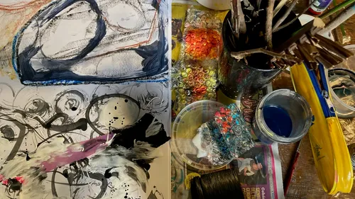 Mixed materials and colors lie on a table.