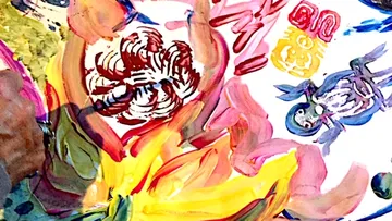 Colourful painting with floral and animal motifs.