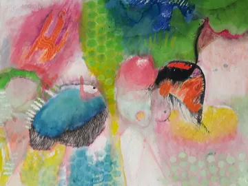 Bunte Fische und Formen schwimmen in einem abstrakten Hintergrund.