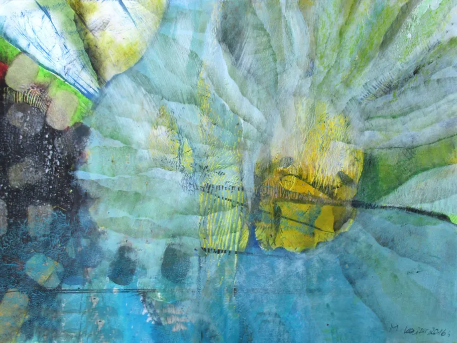 Abstract color composition with organic shapes and textures.