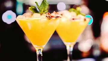 Zwei Cocktailgläser mit orangefarbener Flüssigkeit und Minze.