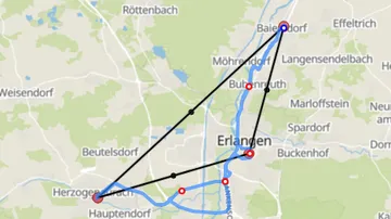 Map shows a route between cities in Germany.