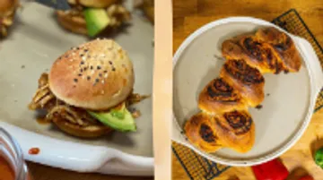Brötchen mit Fleisch und Avocado neben Zimtschnecken.
