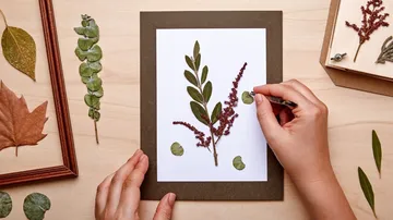 A craftsman arranges dried leaves on paper.