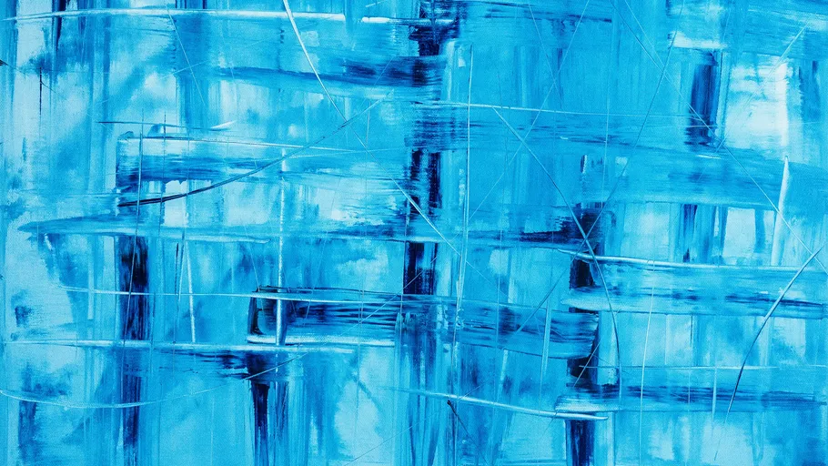Blue lines and hues form abstract geometric patterns.