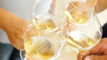 Glasses toast, wine glows; celebration and community.