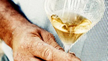 A glass of yellow drink is held.