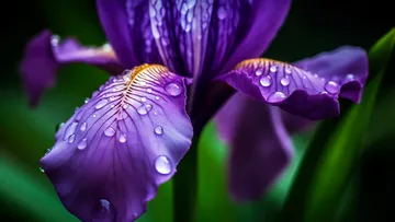 Purple iris flower with water drops in green background.