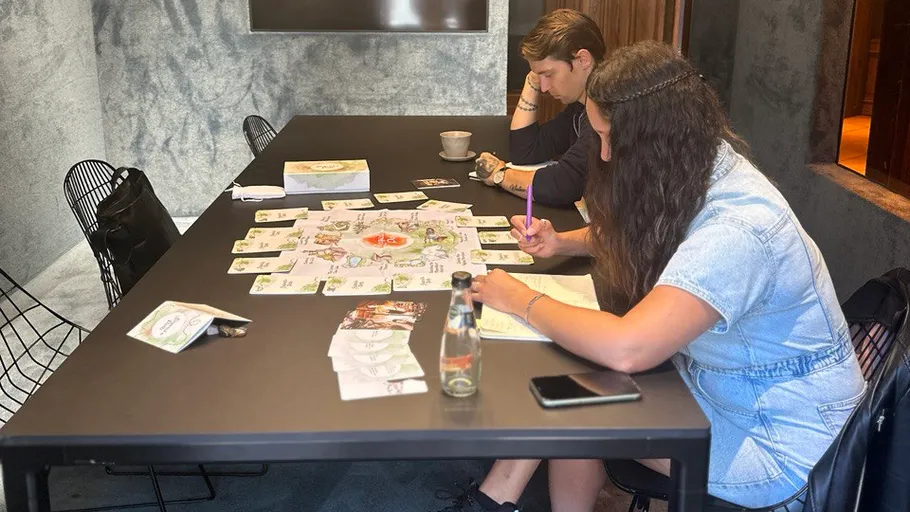 Zwei Personen spielen ein Brettspiel an einem Tisch.