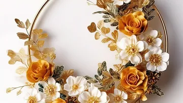 Wreath of flowers hangs on the wall, decorative elements arranged.
