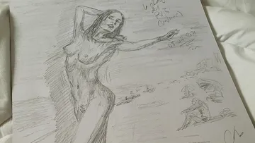 Nude drawing of a naked woman posing on the beach.