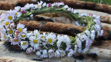 Blumenkranz liegt auf einem gefleckten Tuch im Freien.