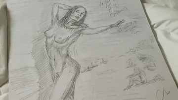 Sketch of a naked woman posing on the beach.
