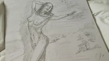 Aktzeichnung einer Frau am Strand, entspannt und lässig.