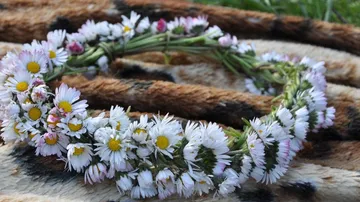 Blumenkranz liegt auf einem braunen, gemusterten Untergrund.