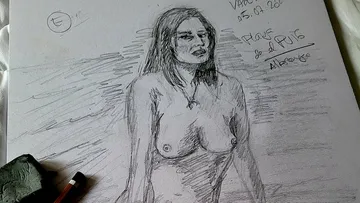 Sketch of a naked woman standing on paper in a room.