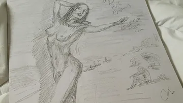 Nude drawing of a half-act woman on the beach.