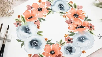 Bunte Blumenkranz-Malerei auf weißem Papier, kreative Gestaltung.