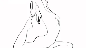 Artistic line shows a stylized female figure in pose.