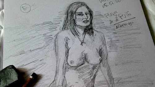 Sketch of a standing, naked woman with a serious expression on her face.