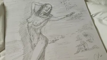 Skizze einer nackten Frau, die am Strand posiert.