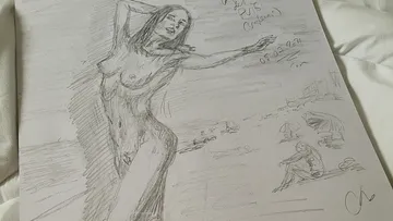 Naked woman dancing on the beach surrounded by vacationers and umbrellas.