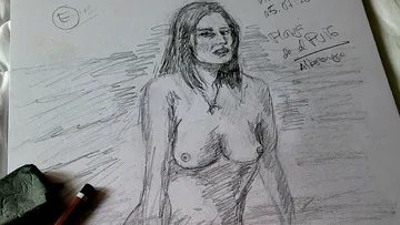 Pencil drawing of a naked woman on paper, created sketch.