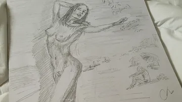 Naked woman posing on beach surrounded by sketches.
