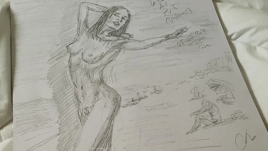 Sketch of a naked woman moving on the beach.