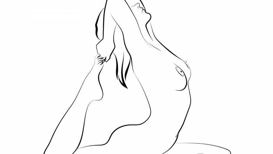 Naked figure stretches in an elegant, curved style.