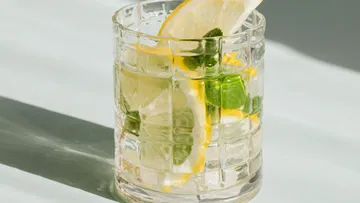 Ein Glas mit Zitronenscheiben und Minze steht auf einer Oberfläche.